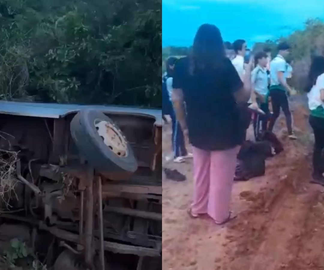 tava estudantes tomba em estrada no interior do Ceará. Um ônibus escolar que lev