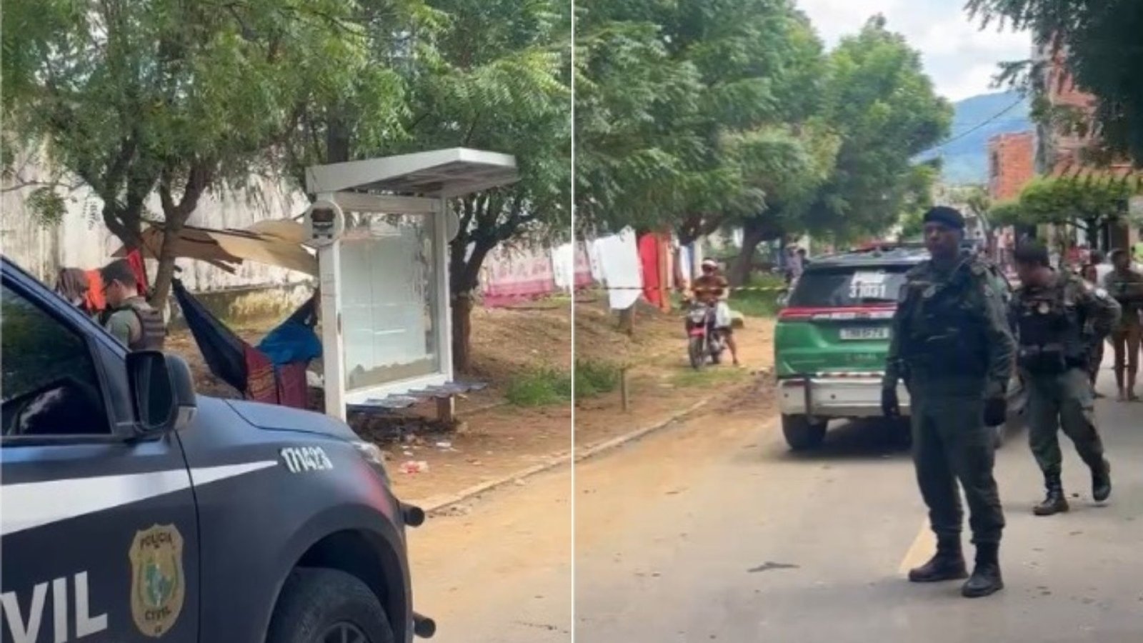 policiais que atenderam a ocorrência, dois homens em uma motocicleta vermelha pa