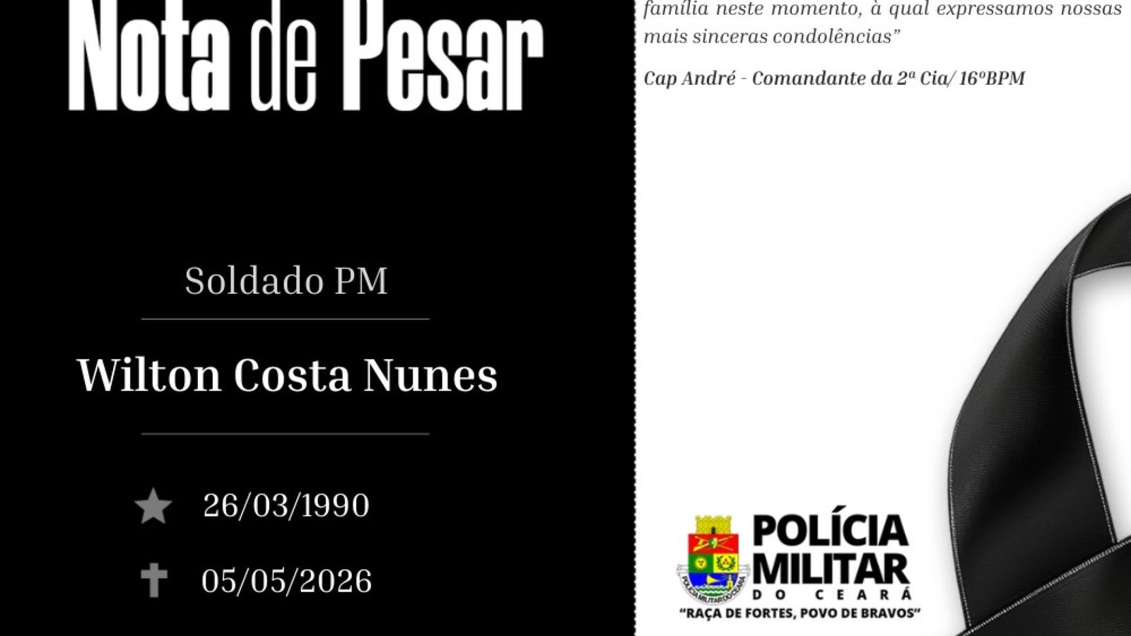 Polícia Militar do Ceará lamenta o falecimento do soldado Wilton Costa Nunes
