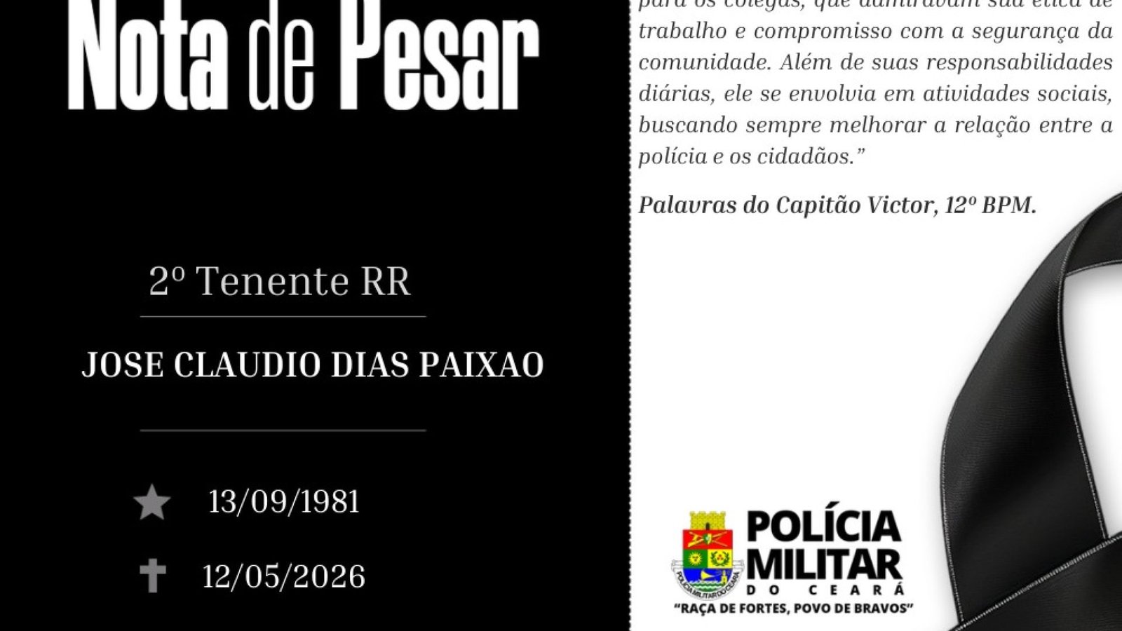 Polícia Militar do Ceará lamenta a morte do 2º Tenente Cláudio, um legado de serviço