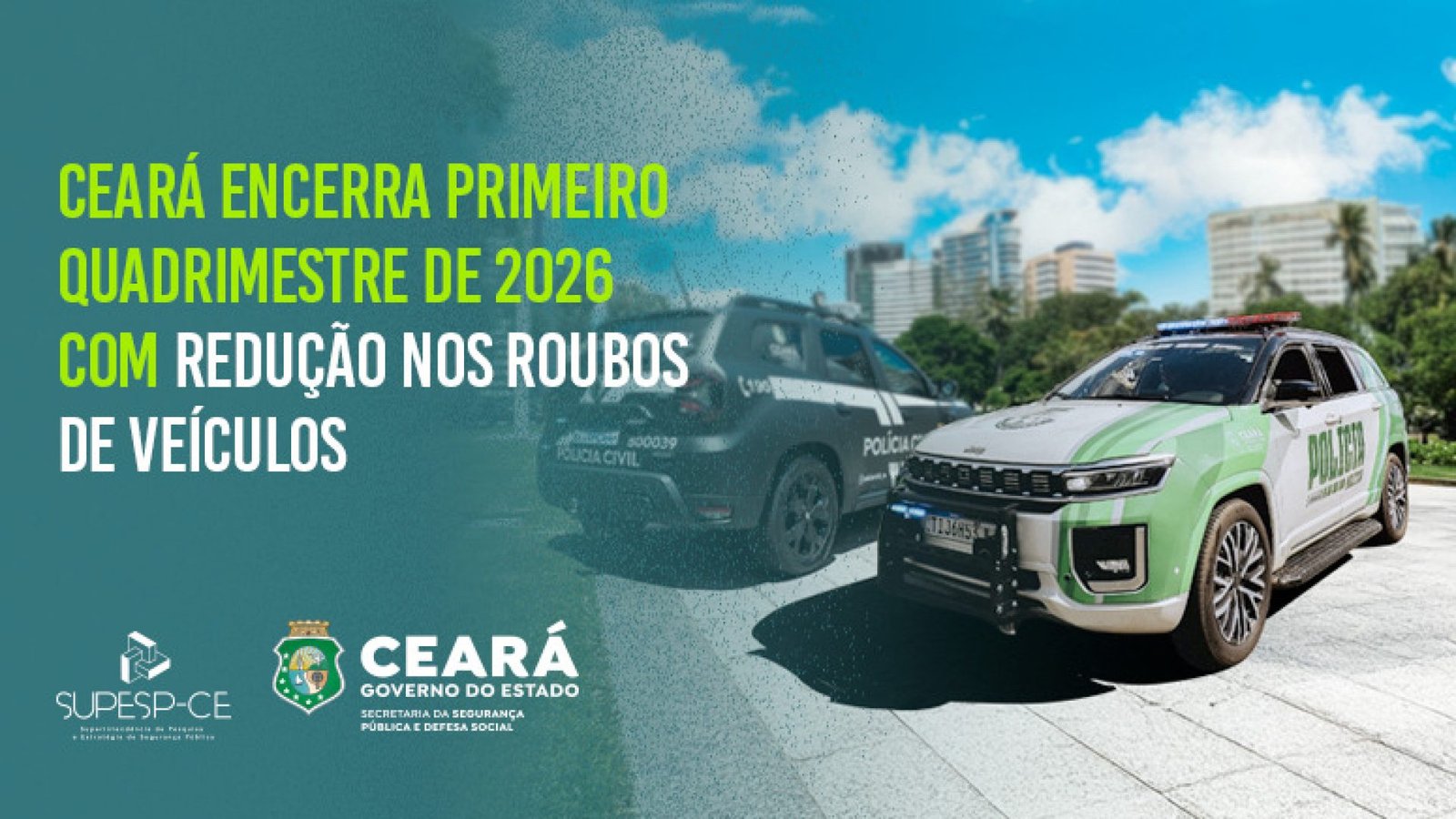 Ceará registra queda acentuada de 59,4% nos roubos de veículos no início de 2026
