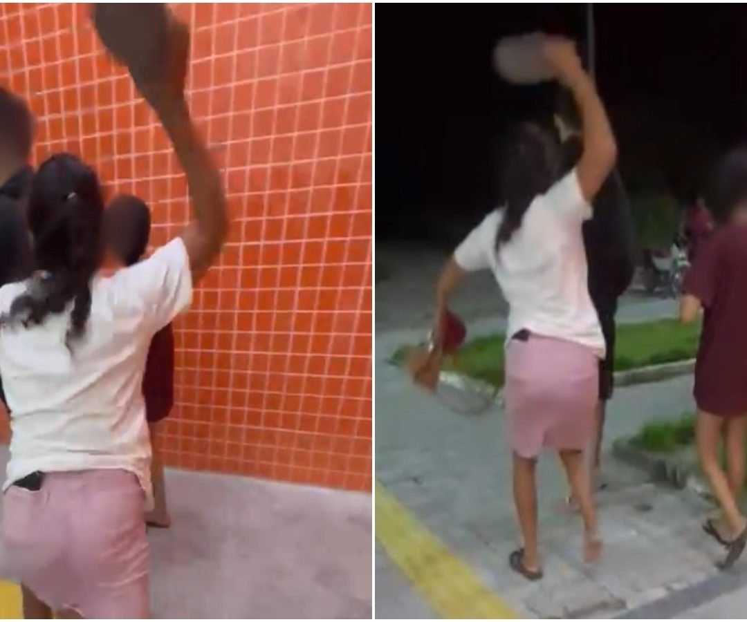 Mãe tira filho da delegacia a chineladas após ele ser preso com drogas e fazer símbolo de facção TV Verdes Mares/Reprodução