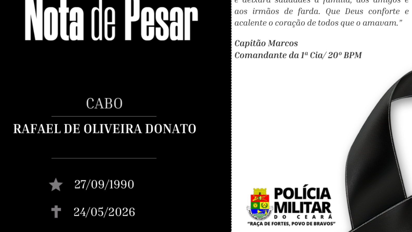 PMCE DE luto: Cabo Rafael Donato, policial dedicado e pai DE família, falece aos 35 anos