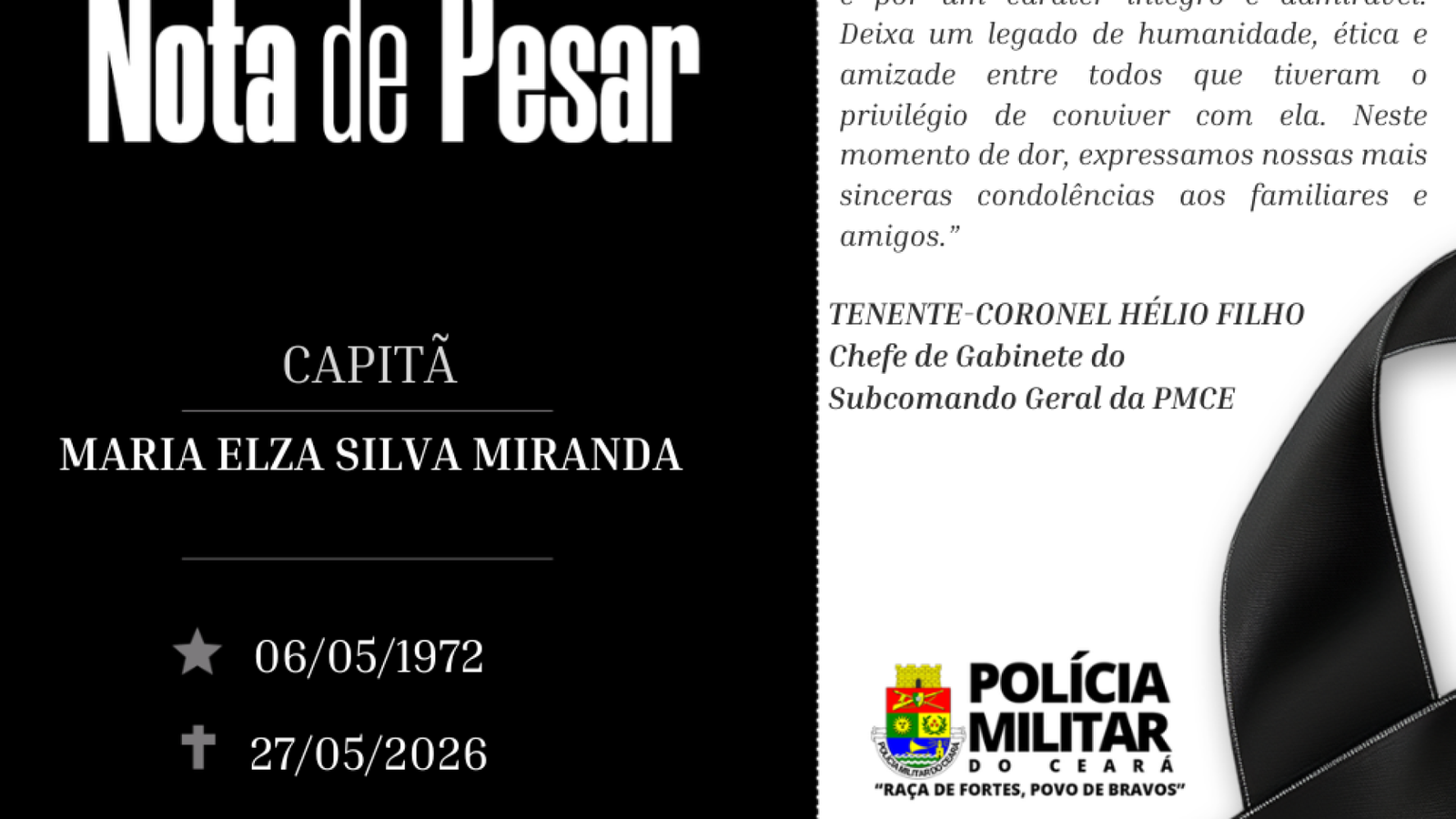 Luto na PMCE: morre a capitã Maria Elza, pioneira da primeira turma feminina do Ceará