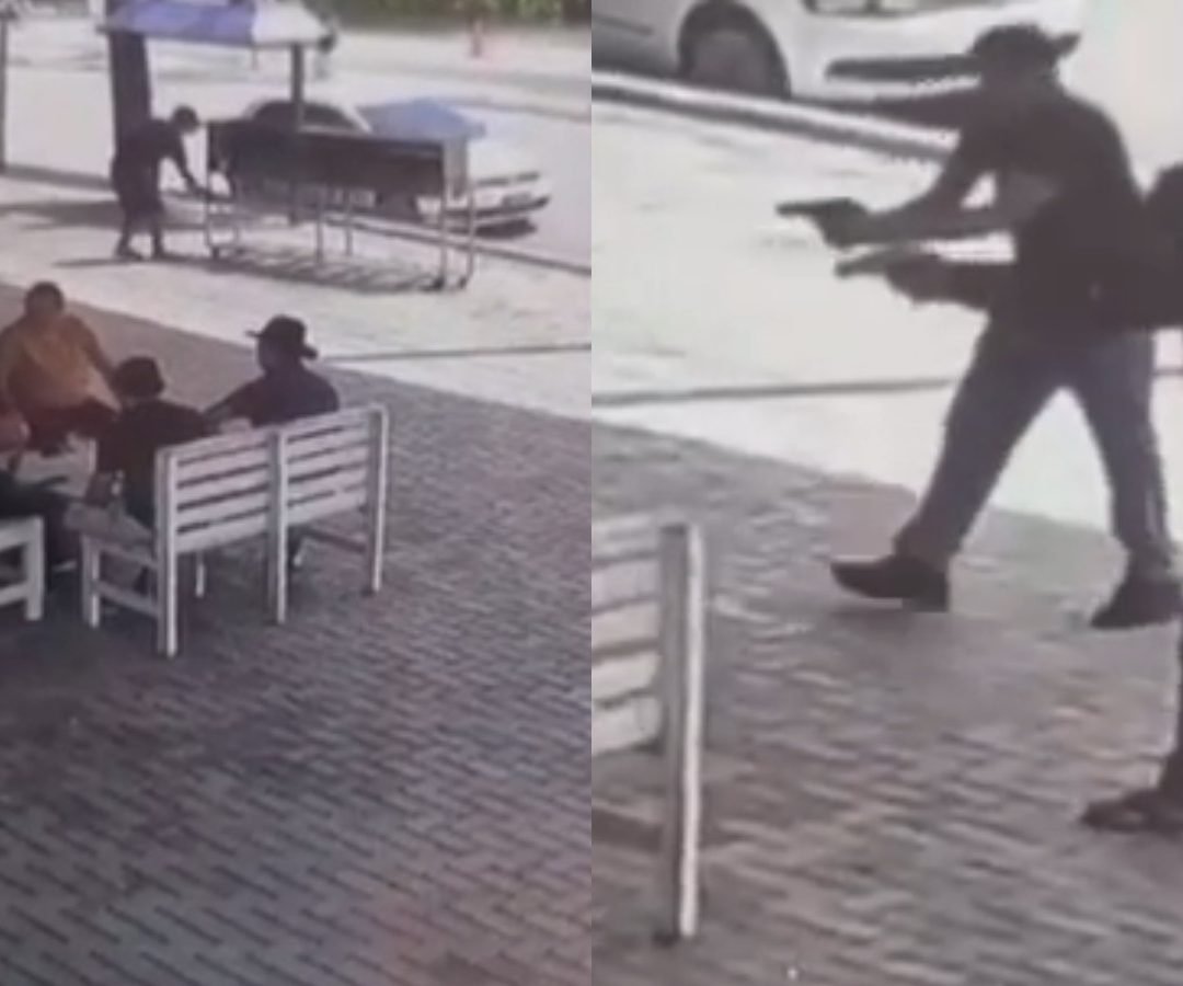 dois criminosos armados. A Polícia Civil investiga o crime. Imagens de uma câmer
