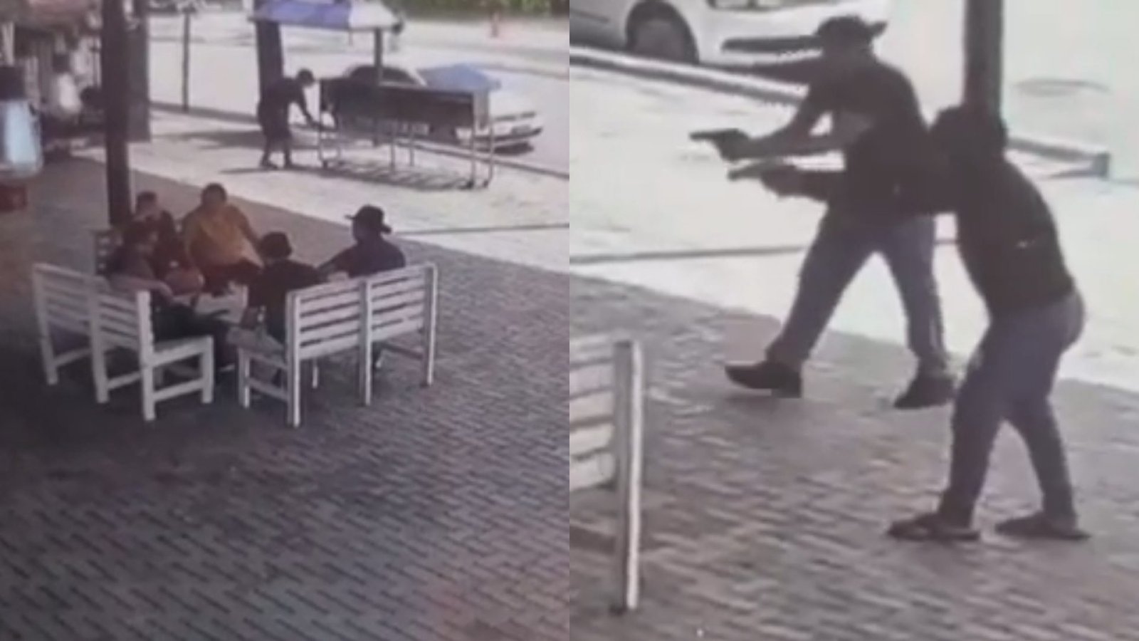 dois criminosos armados. A Polícia Civil investiga o crime. Imagens de uma câmer