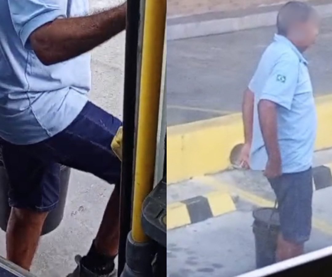 causa do cheiro do produto. Um vídeo mostra o momento em que o homem desce do ve