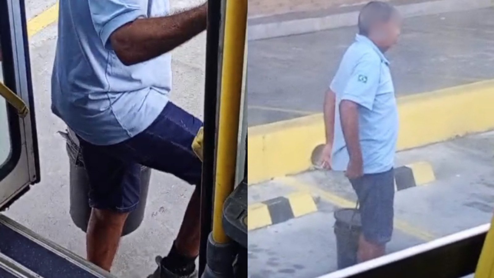causa do cheiro do produto. Um vídeo mostra o momento em que o homem desce do ve
