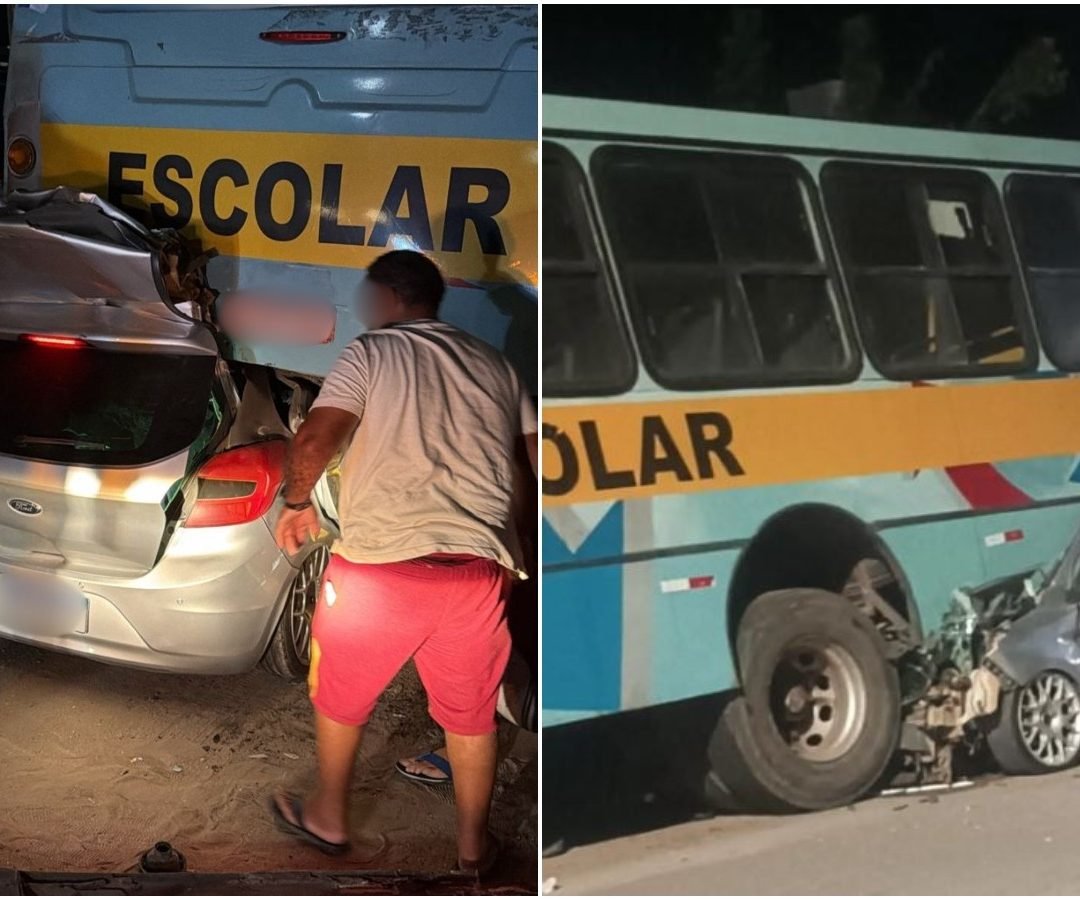 Reprodução Carro bate na traseira de ônibus estacionado e fica prensado sob veículo TV Verdes Mares/Reprodução