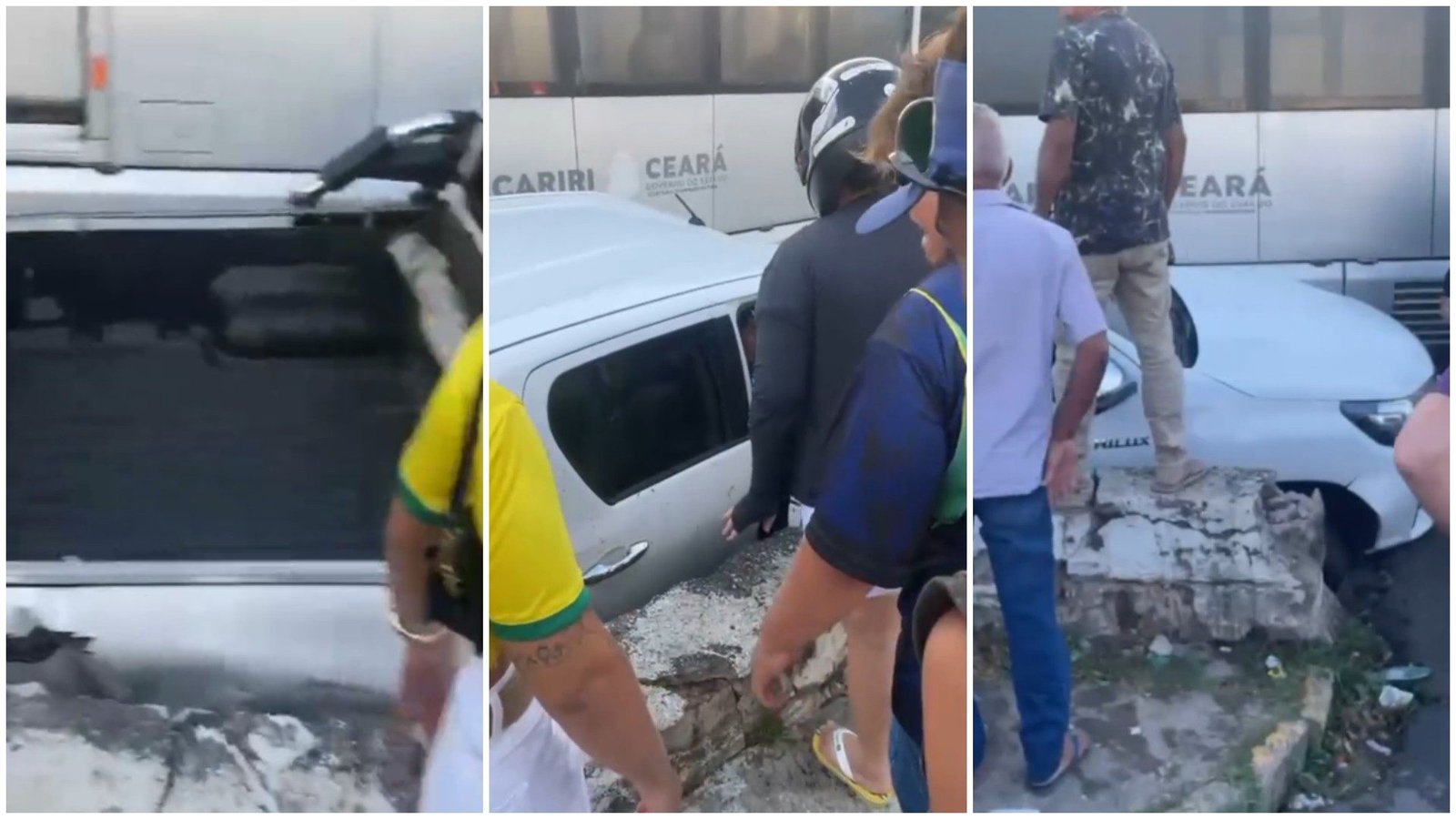 testemunhas após o acidente mostram a Hilux, ainda com passageiros, presa entre