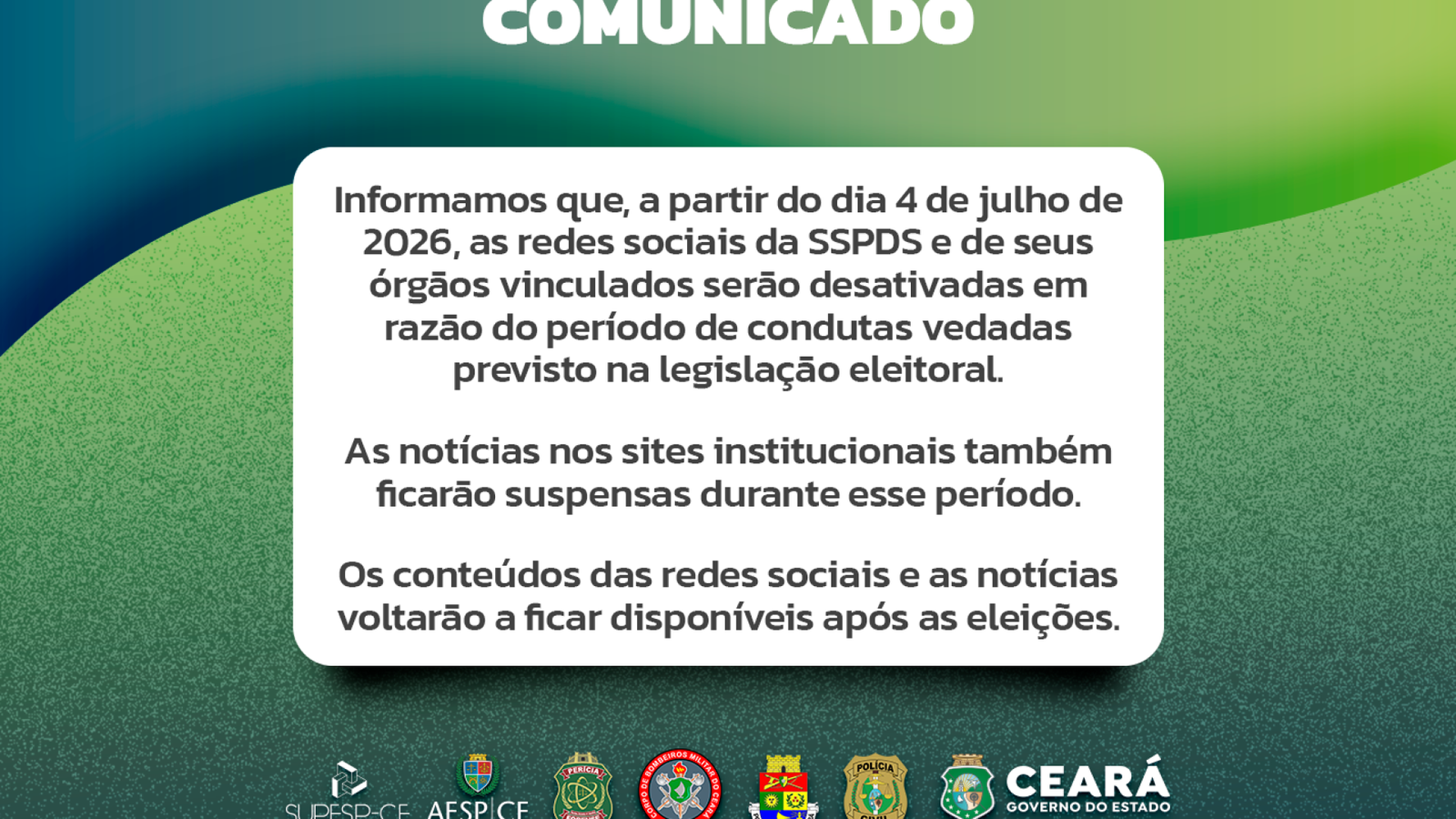 Órgãos de segurança do Ceará suspendem canais digitais por período eleitoral