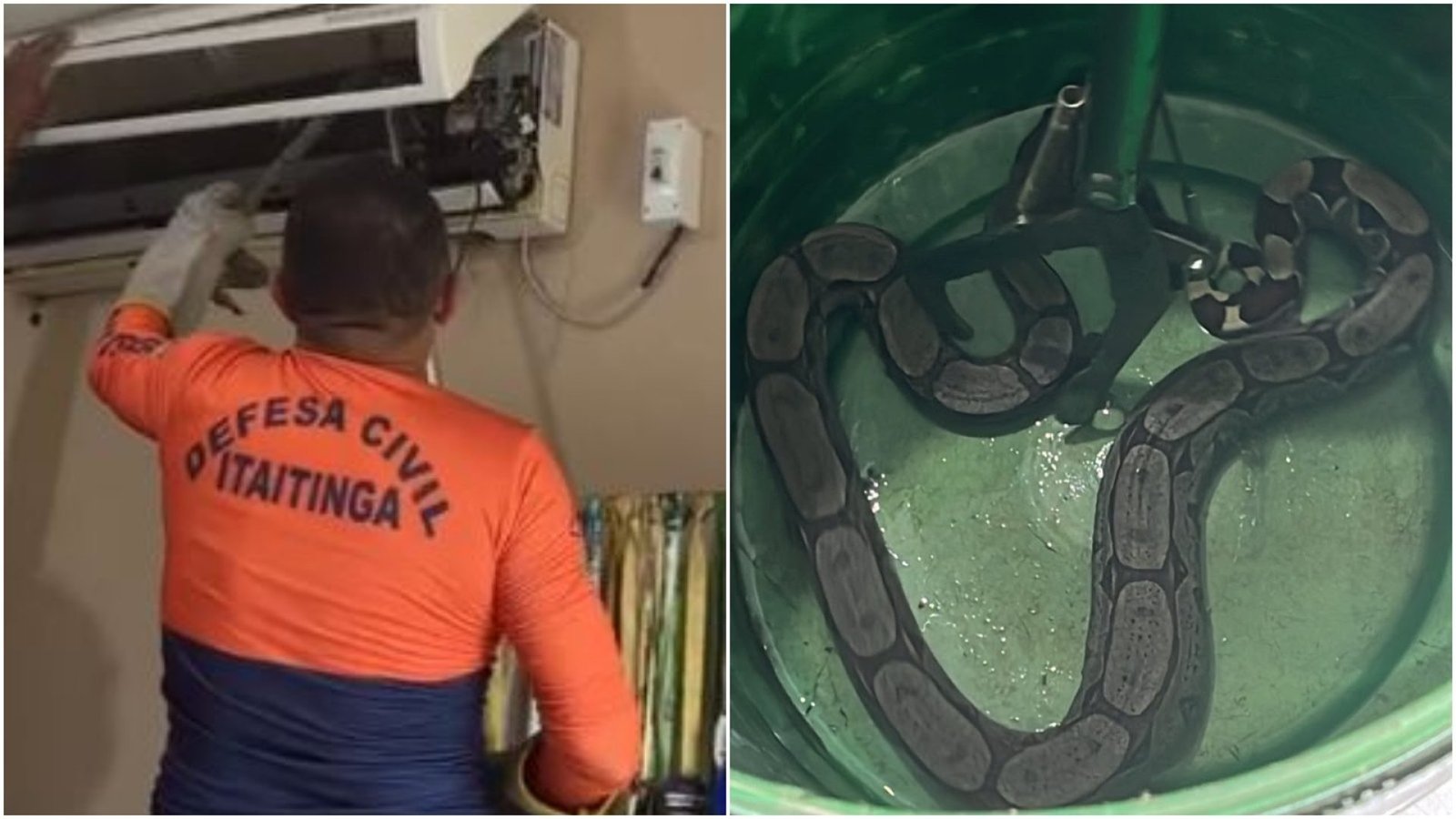 agentes da Defesa Civil dentro de um aparelho de ar-condicionado na Secretaria d